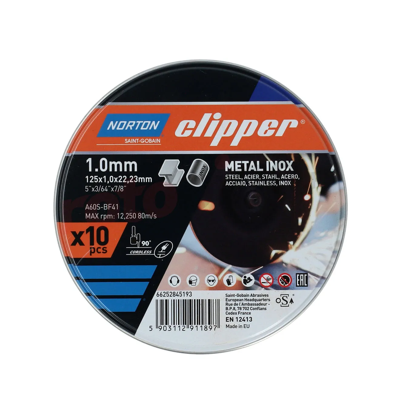 Jeu De 10 Disques à Tronçonner Metal/inox 125x1,0mm Norton TWSET A60S-125x1.0x-T41 NOR-Clipper 10xc